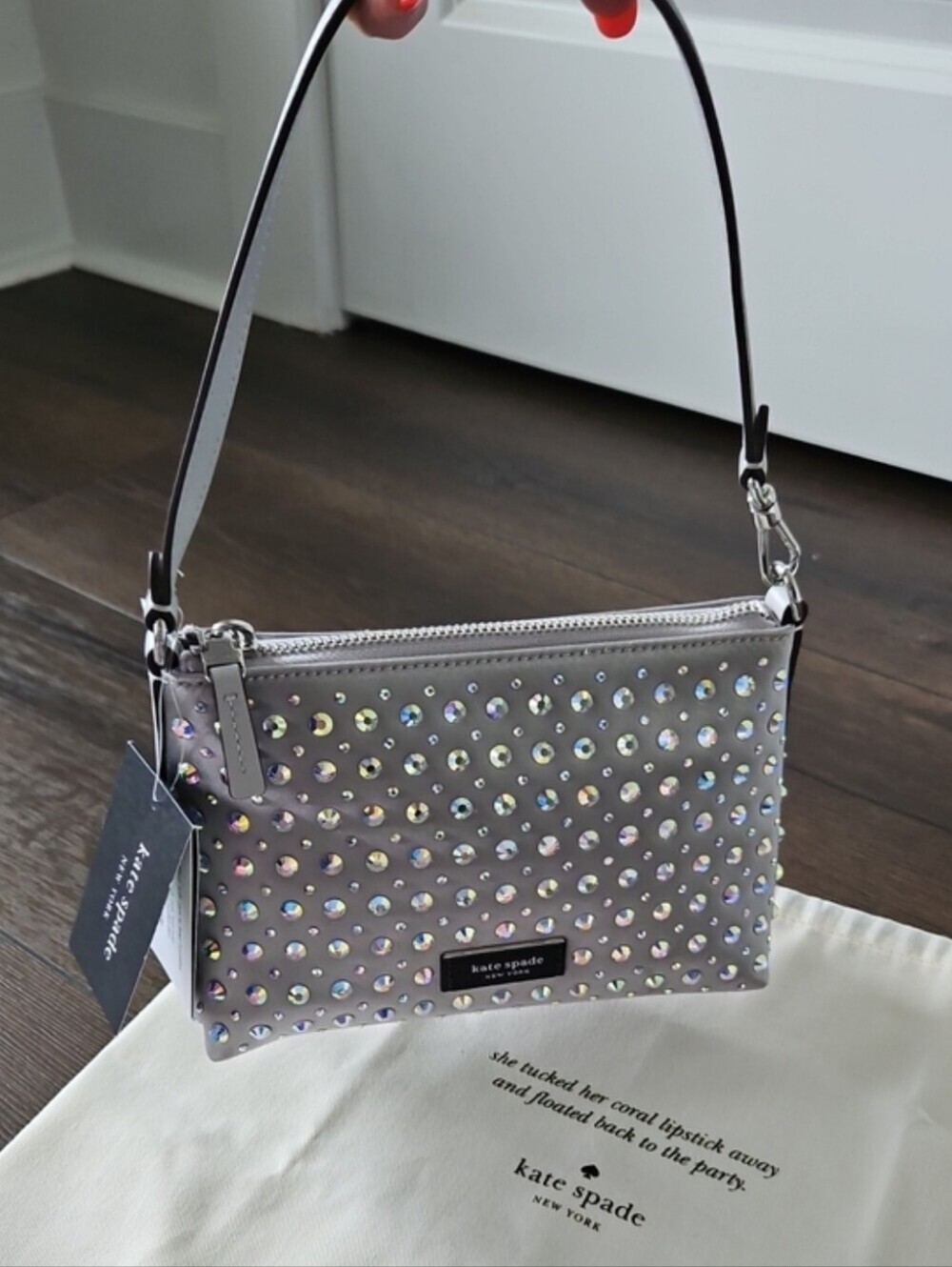 NWT Kate Spade Silver Lulu Crystal Embellished East West Pochette + Dusty